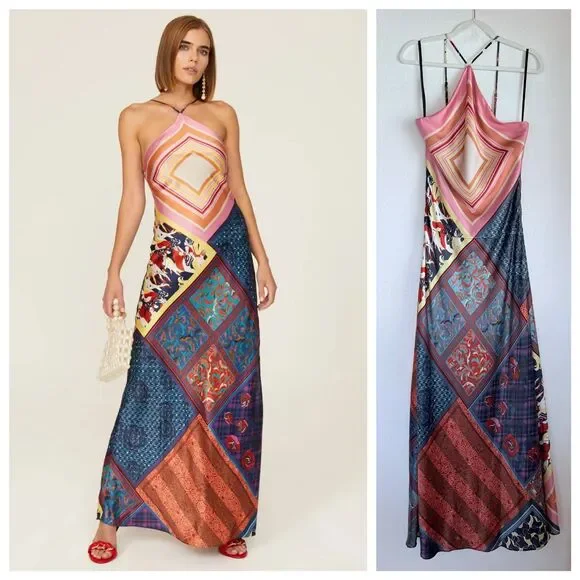 STAUD | Dresses | Staud Cubism Satin Twill Strappy Halterneck Maxi Slip  Dress In Multi Patchwork M | Poshmark